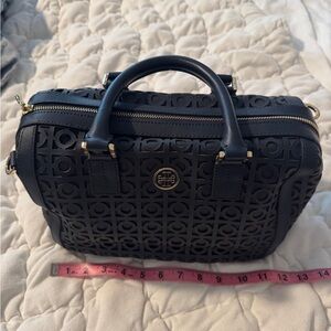 Tory Burch Navy Laser-Cut Logo Dome Satchel with Gold Hardware